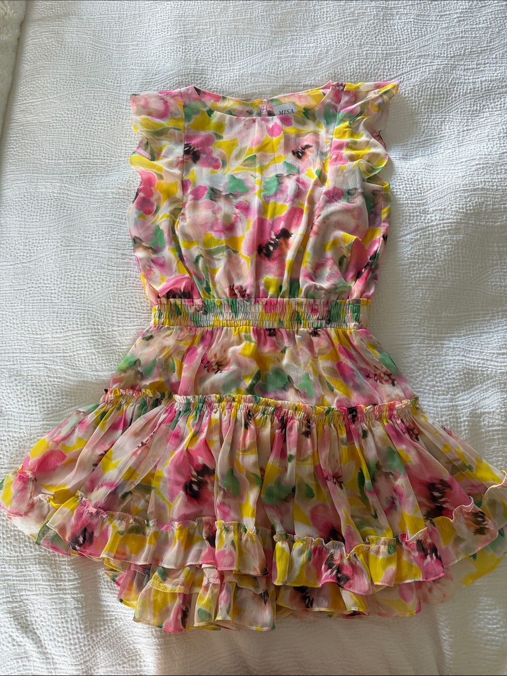 Misa Los Angeles Pink Yellow Floral Ruffle Mini Dress